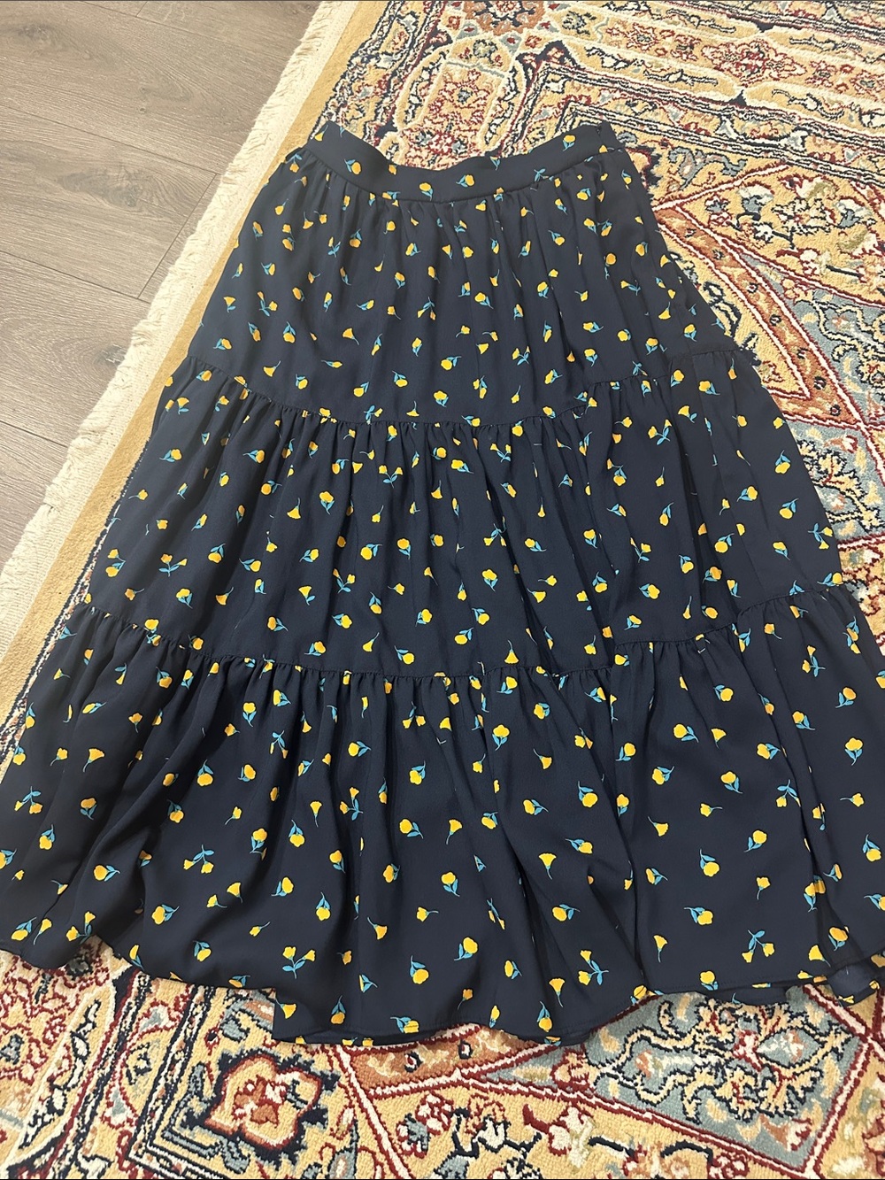 kate spade Navy Tiered Maxi Skirt with Yellow and Teal Floral Motif